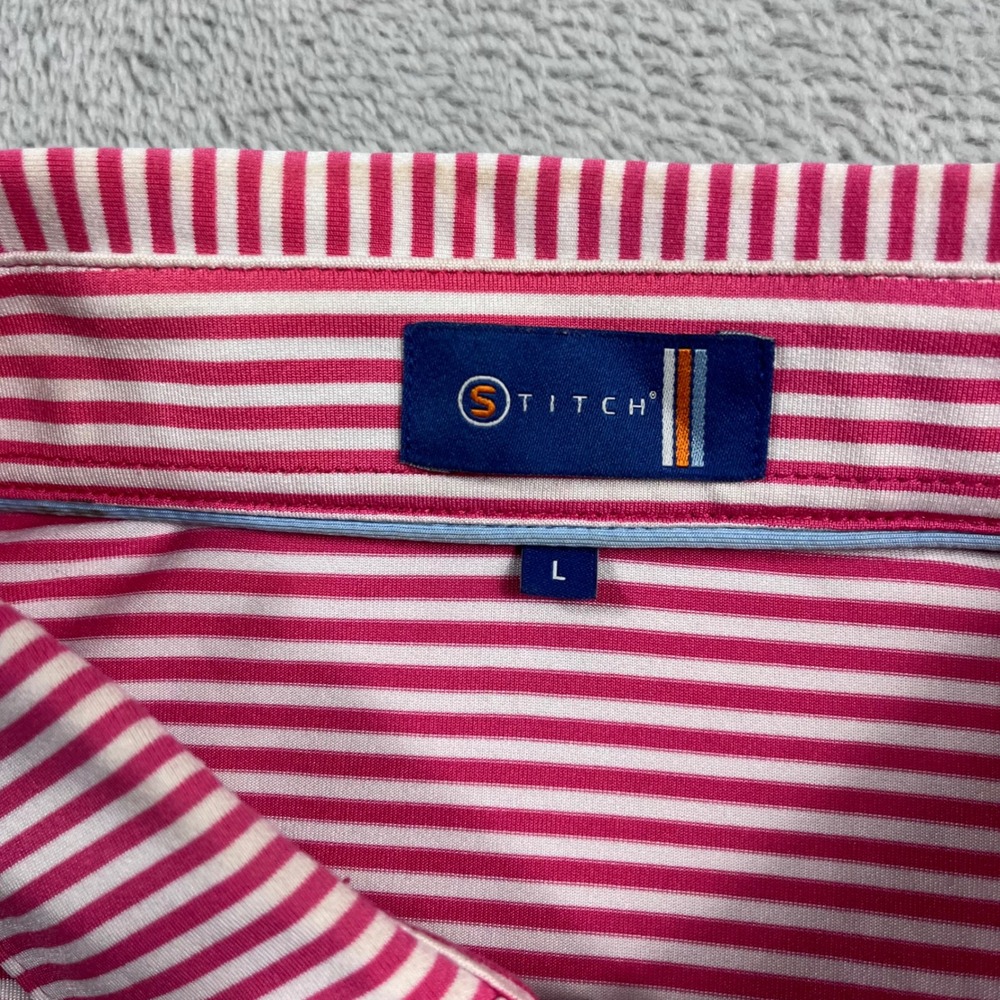 Stitch Golf Mens Large Pink White Striped Performance Polo Shirt Short Sleeve L - Picture 2 of 8